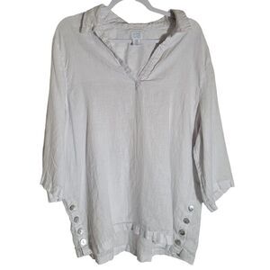 Sigrid Olson Popover Blouse Size 1X White 3/4 Sleeve Linen Lagenlook Minimalist